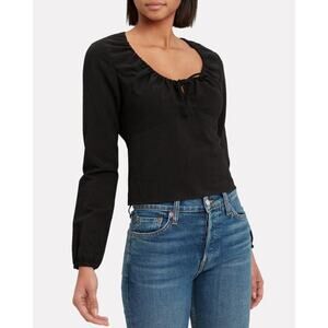 Intermix linen Lace Up Top black long sleeve shirt tie front blouse sz 6 MEDIUM